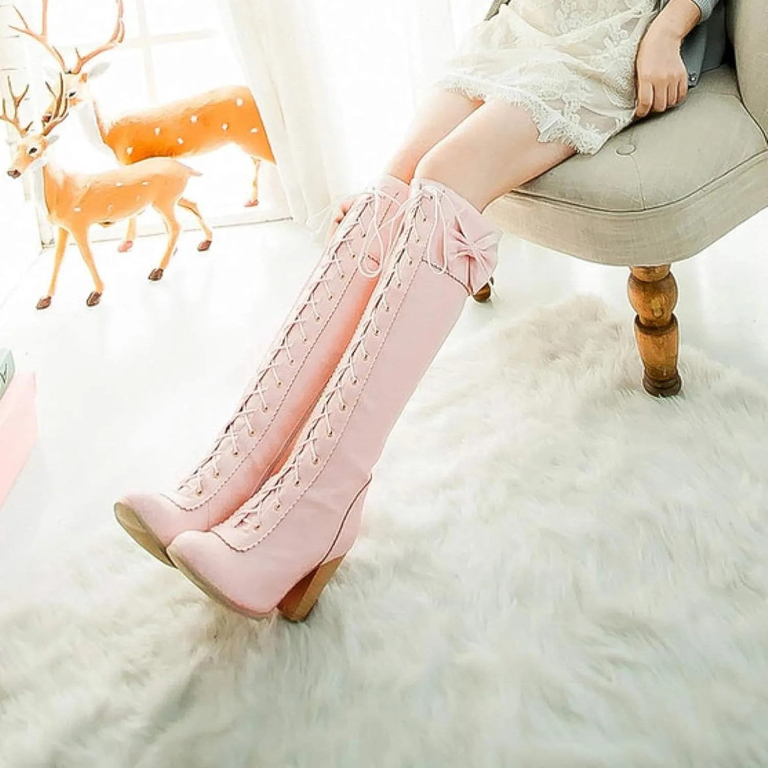 Women's Lace up Knee Length Boots Elegant Bow Layered Thick High Heels Winter Battle Dress Boots