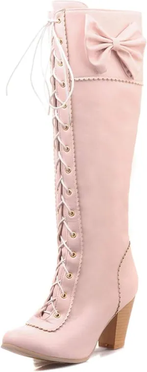Women's Lace up Knee Length Boots Elegant Bow Layered Thick High Heels Winter Battle Dress Boots