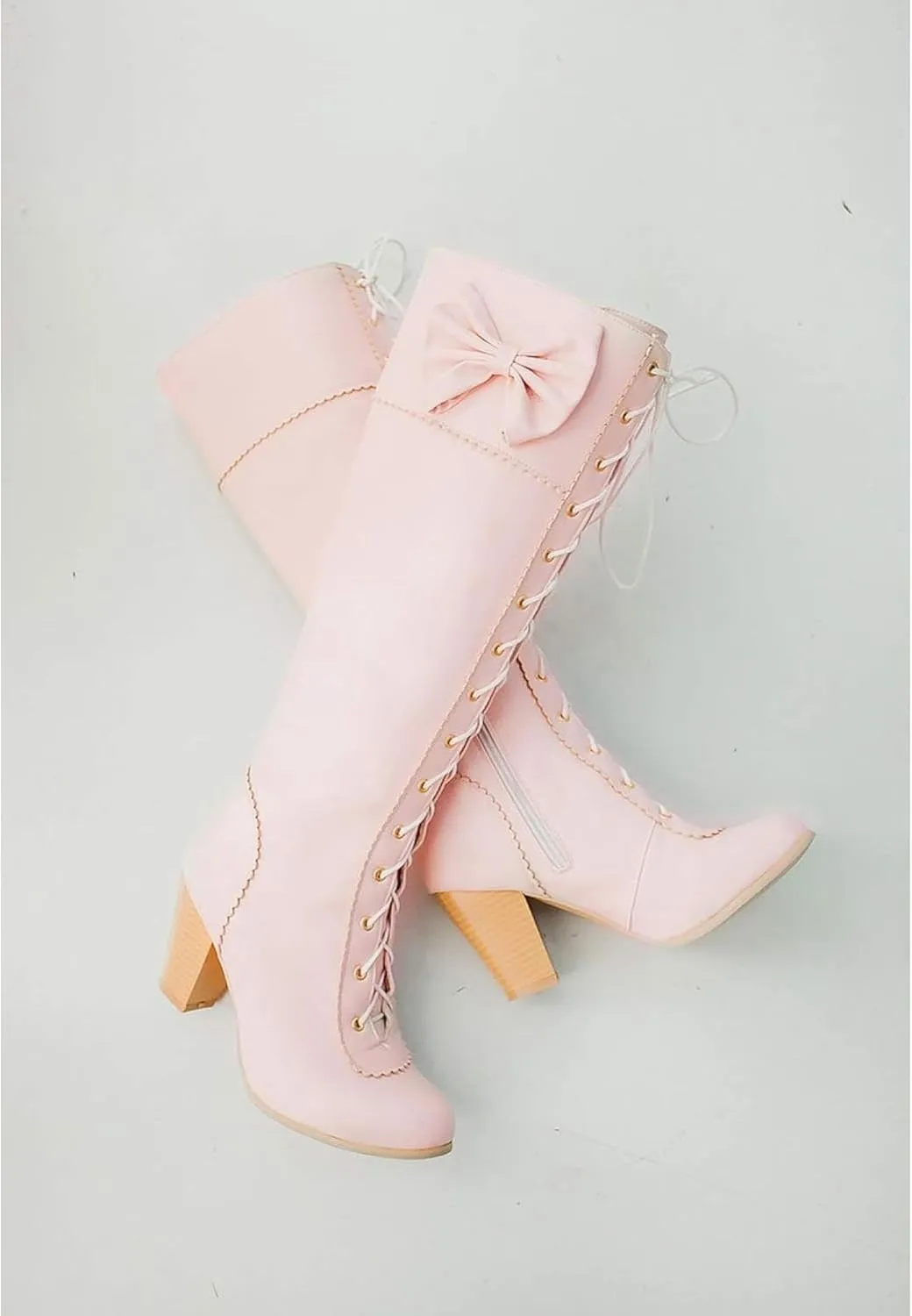 Women's Lace up Knee Length Boots Elegant Bow Layered Thick High Heels Winter Battle Dress Boots