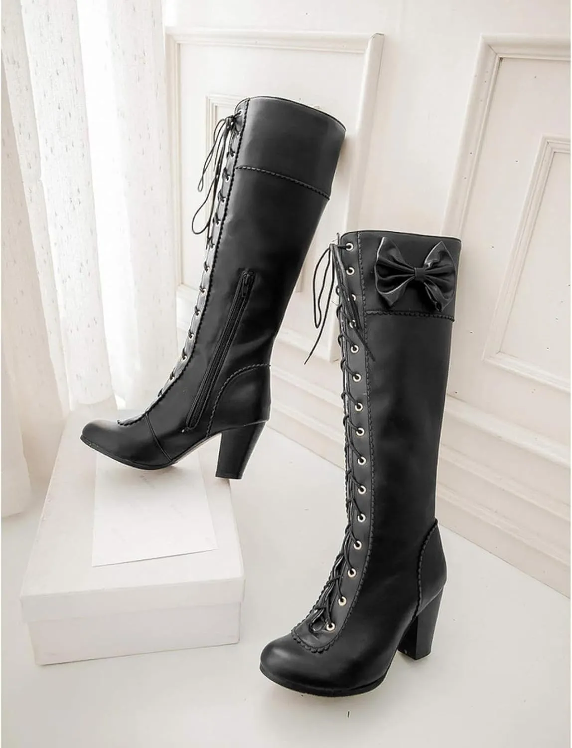 Women's Lace up Knee Length Boots Elegant Bow Layered Thick High Heels Winter Battle Dress Boots