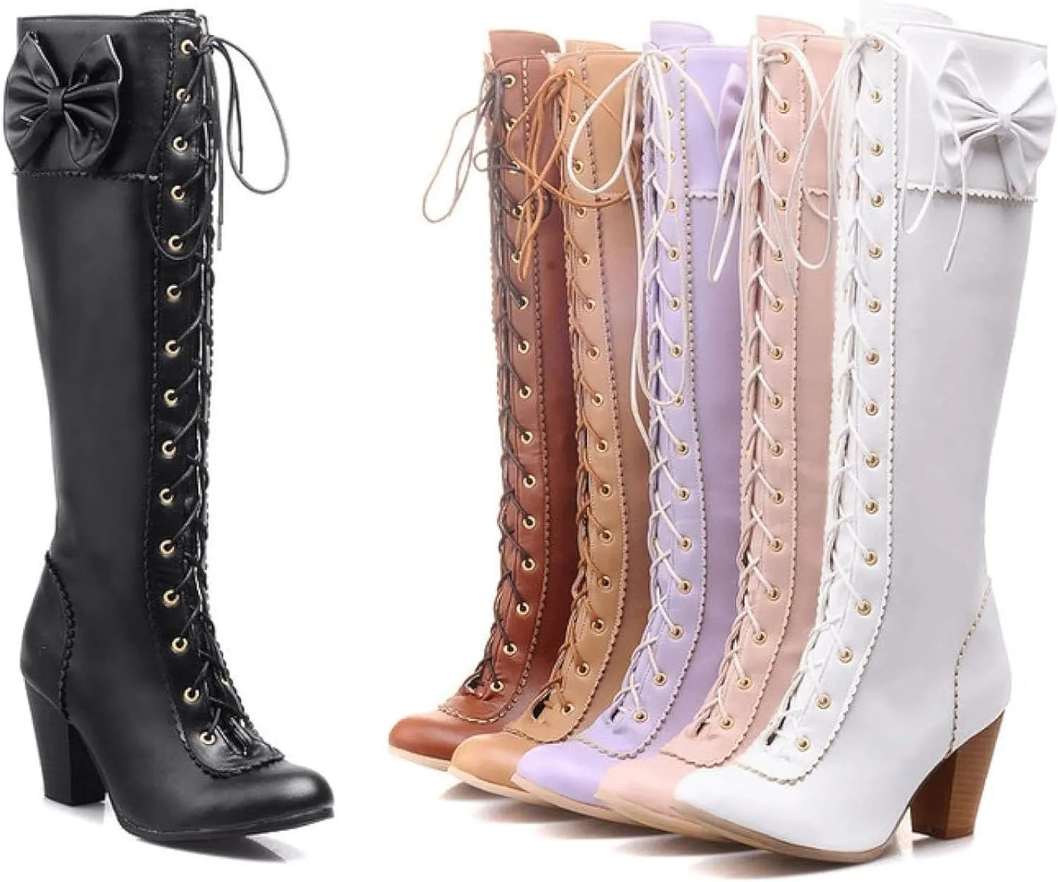 Women's Lace up Knee Length Boots Elegant Bow Layered Thick High Heels Winter Battle Dress Boots
