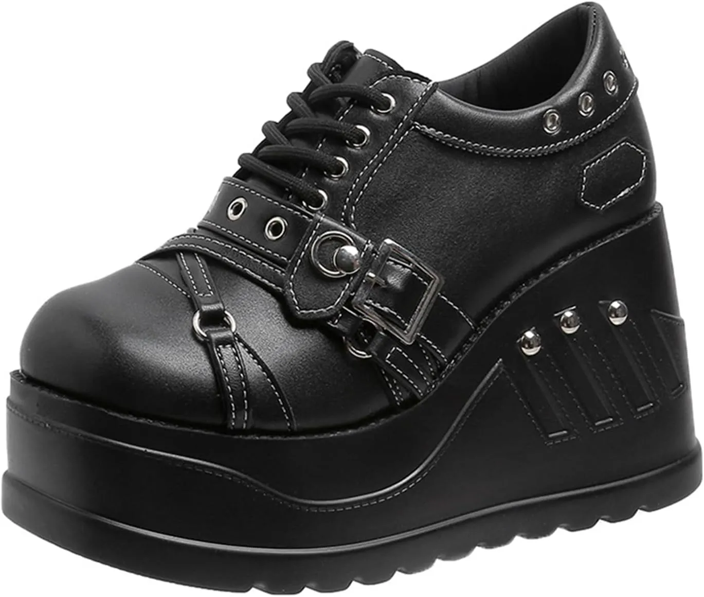 Women's Leather Low Top Wedge Gothic Booties Comfort Round Toe Lug Sole Platform Lace Up Rave Boots Fashion Buckle Breathable Party Punk Ankle Boots