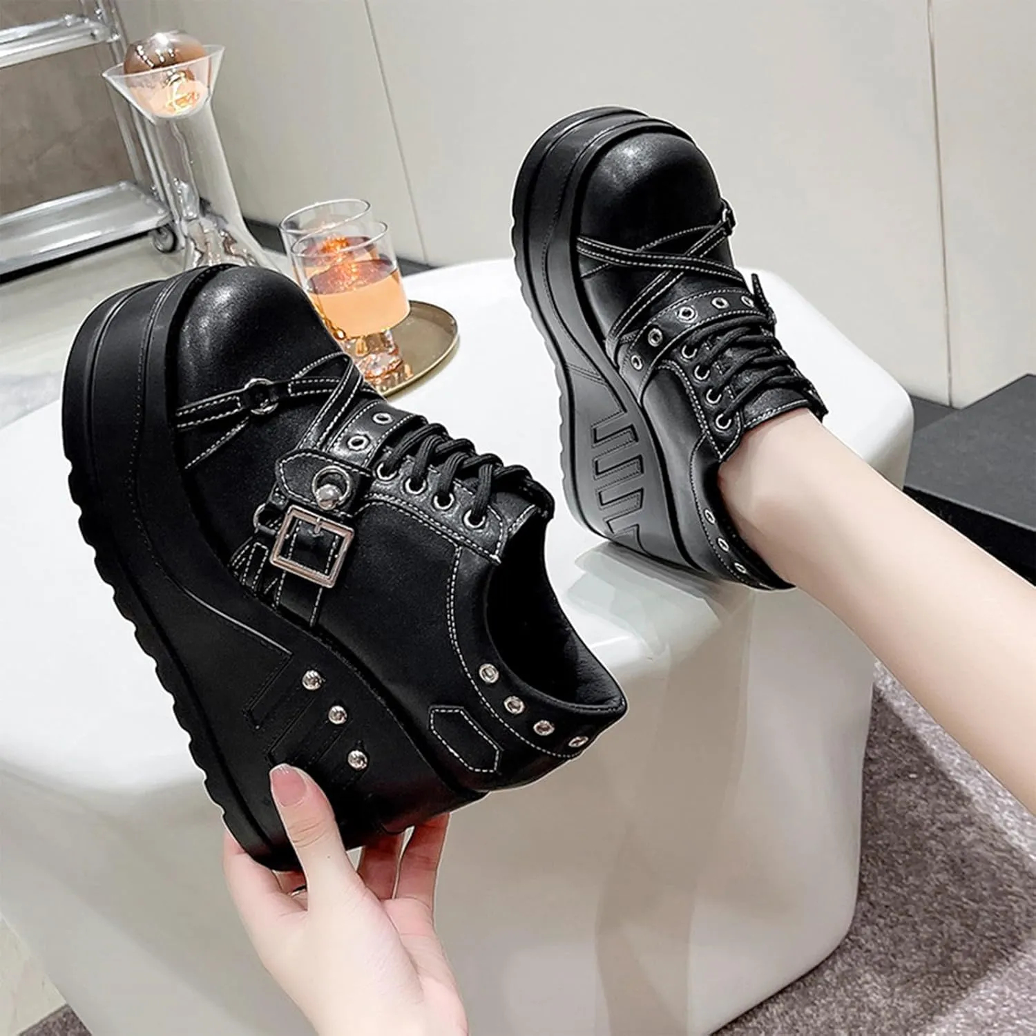 Women's Leather Low Top Wedge Gothic Booties Comfort Round Toe Lug Sole Platform Lace Up Rave Boots Fashion Buckle Breathable Party Punk Ankle Boots
