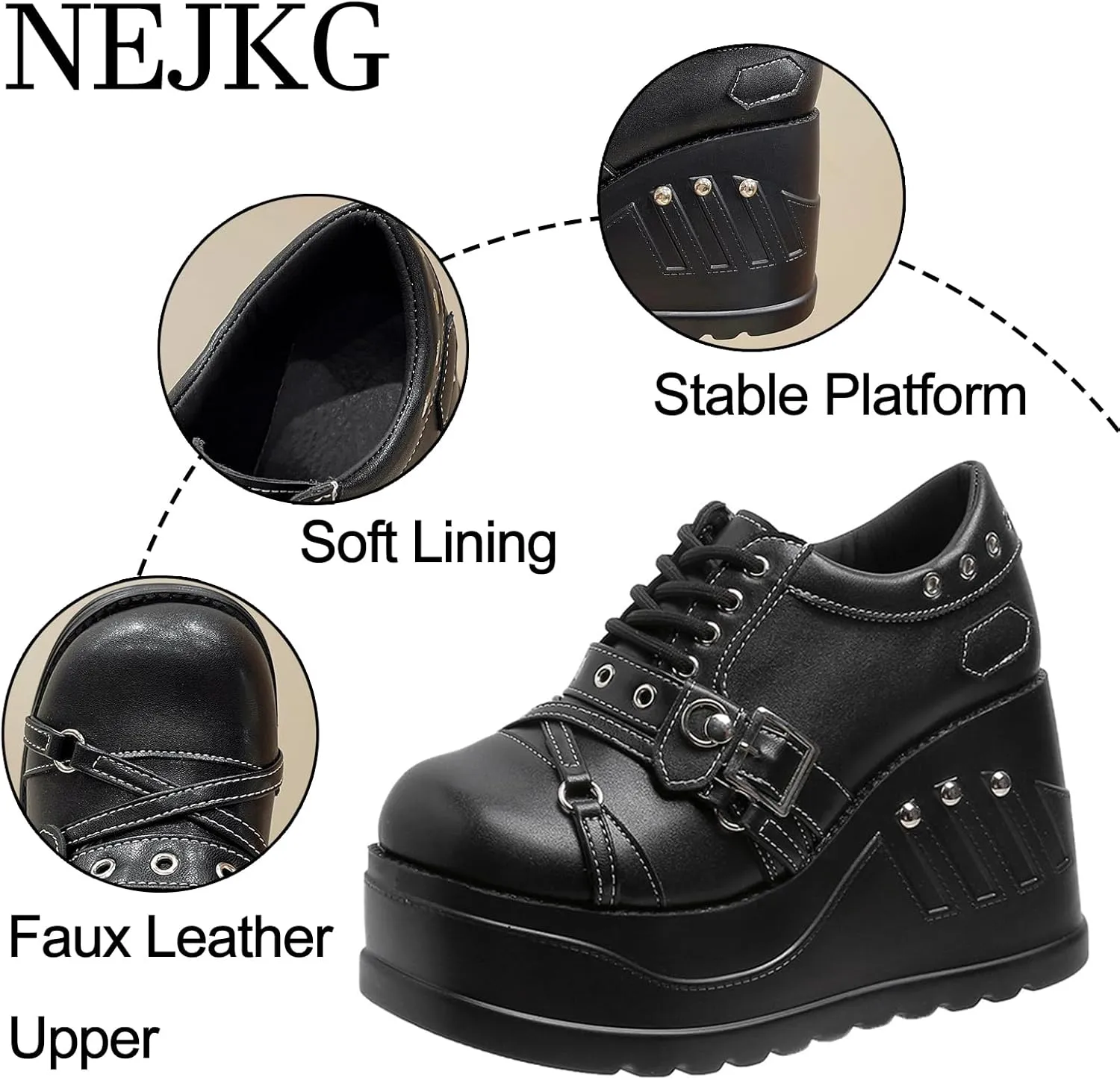 Women's Leather Low Top Wedge Gothic Booties Comfort Round Toe Lug Sole Platform Lace Up Rave Boots Fashion Buckle Breathable Party Punk Ankle Boots