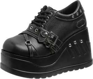 Women's Leather Low Top Wedge Gothic Booties Comfort Round Toe Lug Sole Platform Lace Up Rave Boots Fashion Buckle Breathable Party Punk Ankle Boots