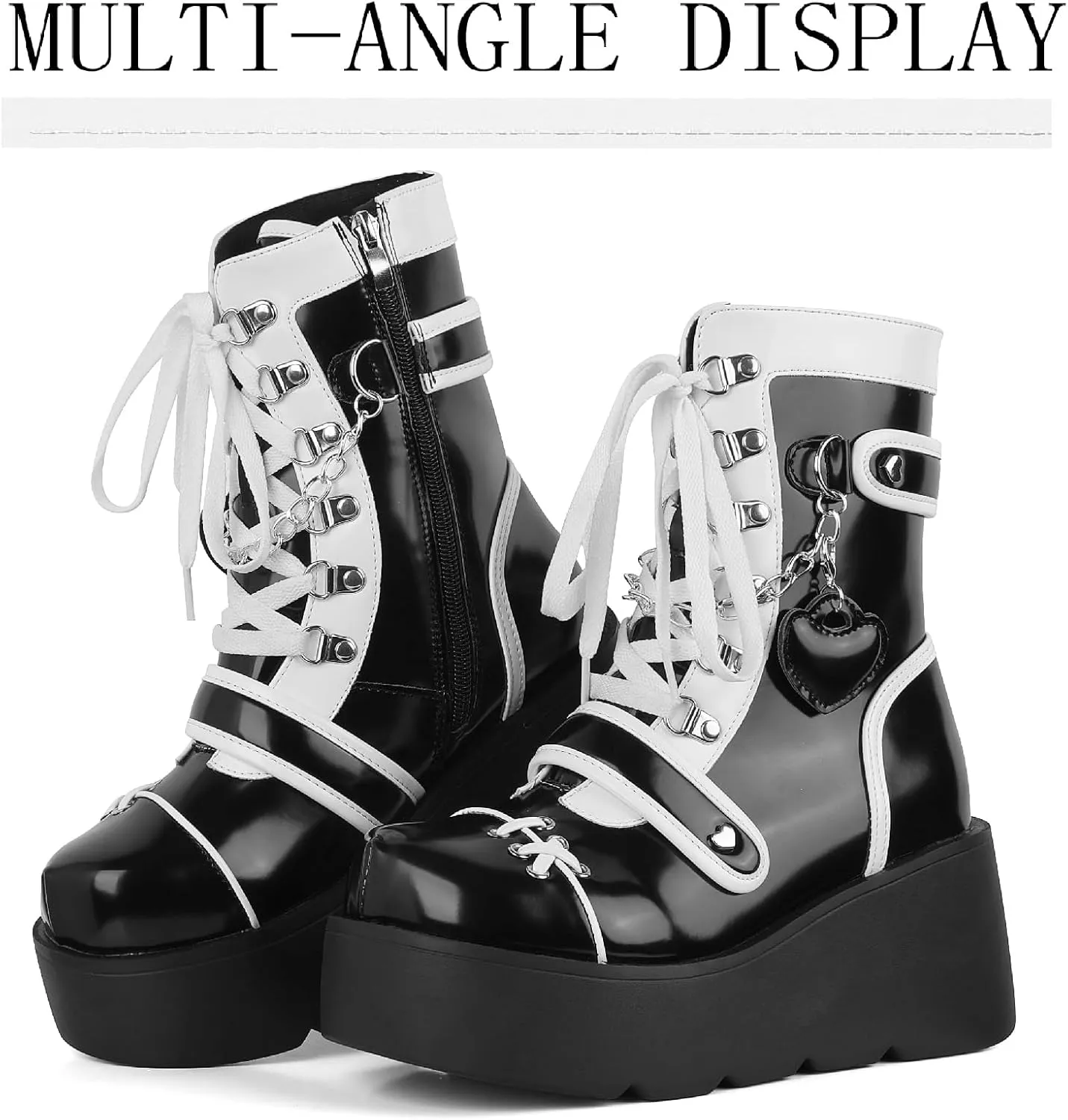 Women's Leather Platform Goth Rave Ankle Boots With Side Zipper Comfort Round Toe Lug Sole Wedge High Heel Kawaii Booties Cute Chain Lace Up Punk Y2K Combat Boots