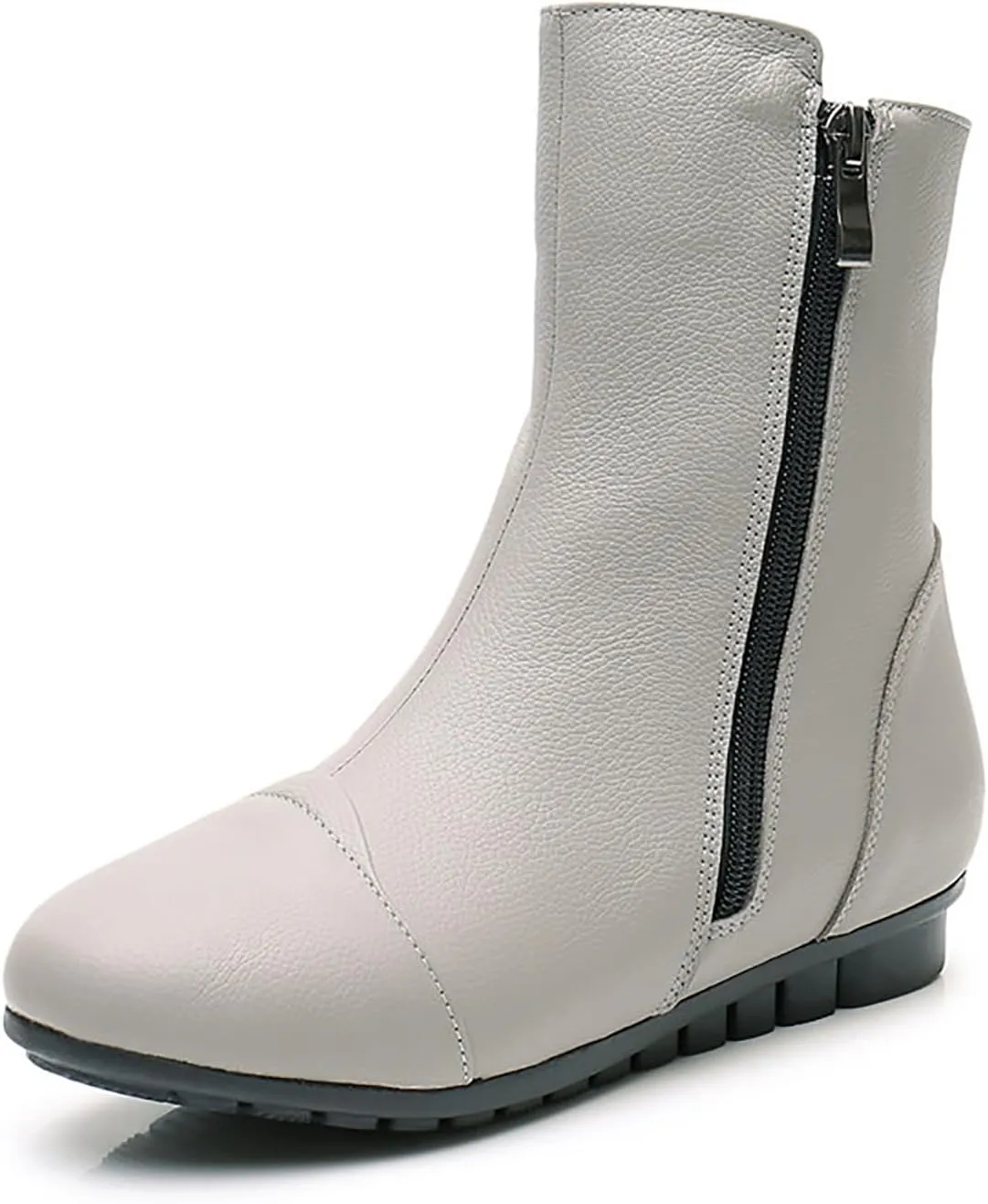 Women's Leather Side Zip Flat Ankle Boots Fashion Comfortable Slip-on Fur Lined Warm Chelsea Booties Winter Low Heel Mid Calf Flat Boots
