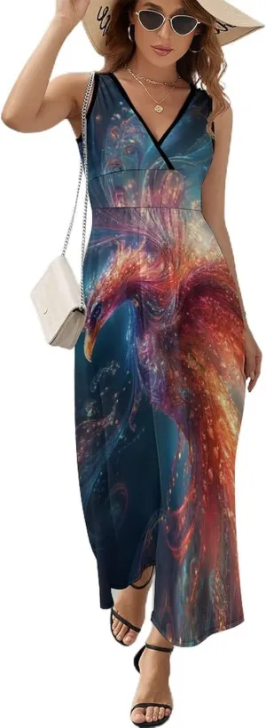 Women's Maxi Long Dress Magical Phoenix Bird Casual Sleeveless Summer Beach Dress