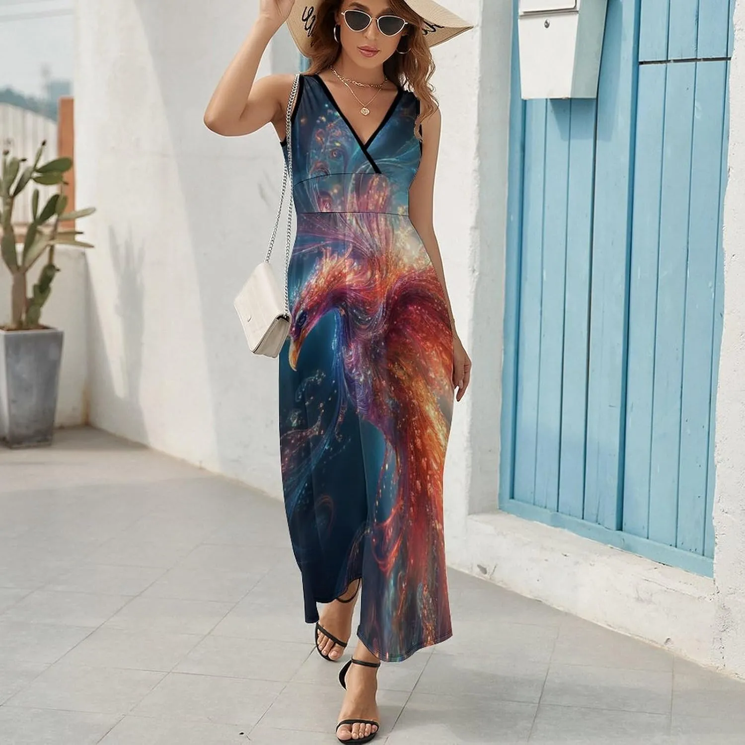 Women's Maxi Long Dress Magical Phoenix Bird Casual Sleeveless Summer Beach Dress