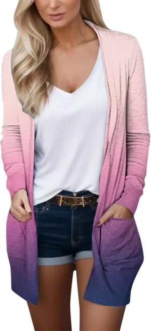 Womens Open Front Cardigans Gradient Print Cardigan Coat with Pockets Long Sleeve Top Cardigan Jacket Lightweight Cardigans