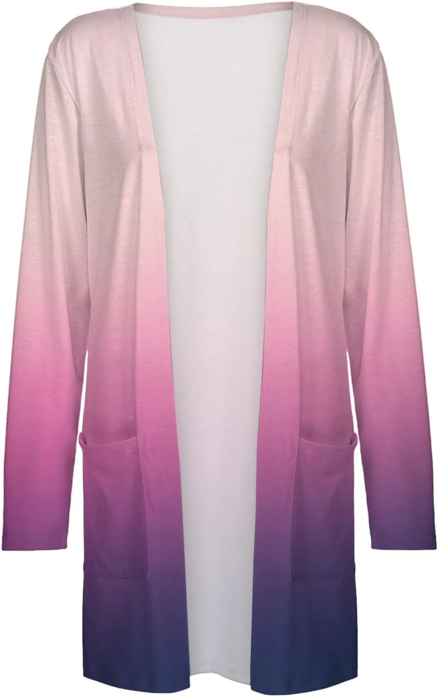 Womens Open Front Cardigans Gradient Print Cardigan Coat with Pockets Long Sleeve Top Cardigan Jacket Lightweight Cardigans