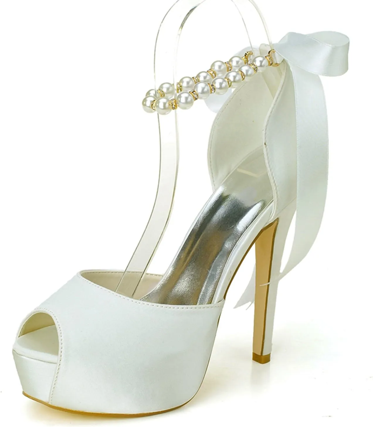 Women's Pearl White Wedding Shoes for Bride High Heels Platform Open Toe Bridal Satin Shoes Prom Party Dress Pumps Sandals