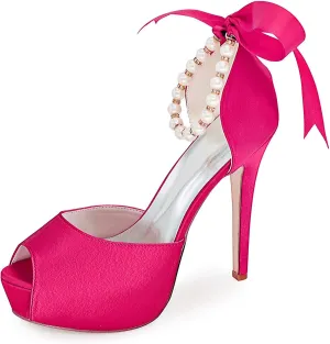 Women's Pearl White Wedding Shoes for Bride High Heels Platform Open Toe Bridal Satin Shoes Prom Party Dress Pumps Sandals
