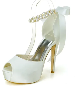 Women's Pearl White Wedding Shoes for Bride High Heels Platform Open Toe Bridal Satin Shoes Prom Party Dress Pumps Sandals
