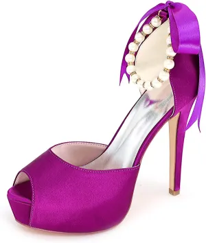 Women's Pearl White Wedding Shoes for Bride High Heels Platform Open Toe Bridal Satin Shoes Prom Party Dress Pumps Sandals