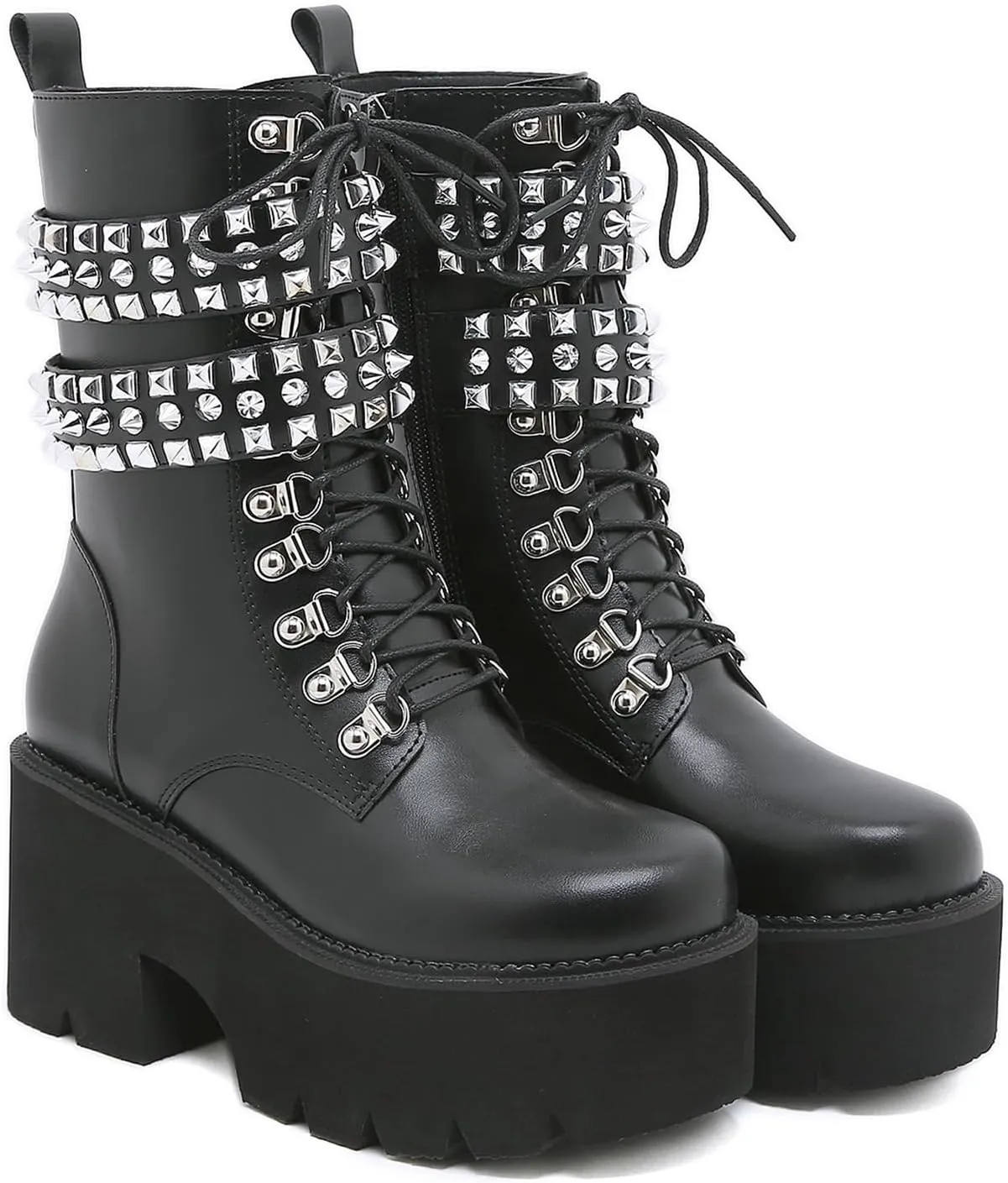 Women's Platform Chunky Heel Goth Ankle Boots Fashion Studded Comfort Round Toe Lace Up & Zipper Motorcycle Boots Punk Y2k Black Mid-Calf Boots