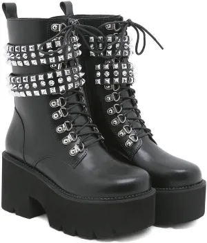 Women's Platform Chunky Heel Goth Ankle Boots Fashion Studded Comfort Round Toe Lace Up & Zipper Motorcycle Boots Punk Y2k Black Mid-Calf Boots
