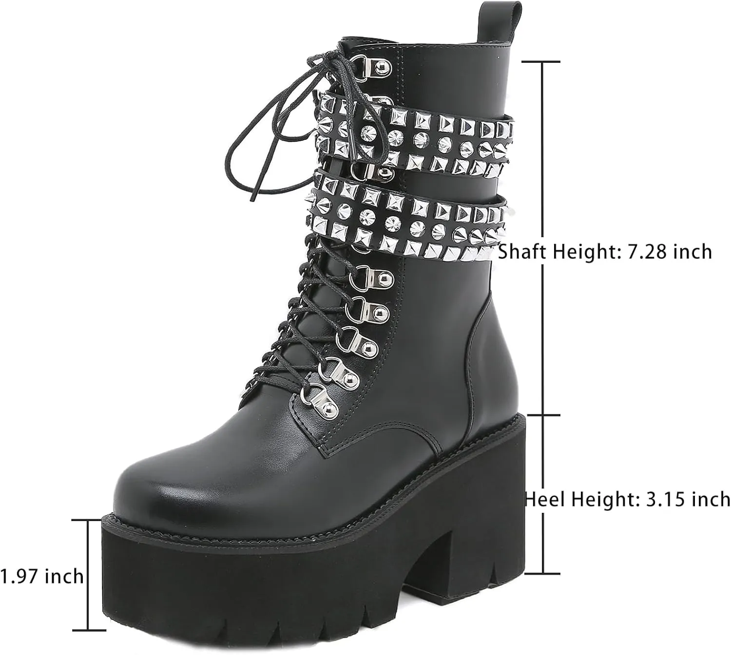 Women's Platform Chunky Heel Goth Ankle Boots Fashion Studded Comfort Round Toe Lace Up & Zipper Motorcycle Boots Punk Y2k Black Mid-Calf Boots