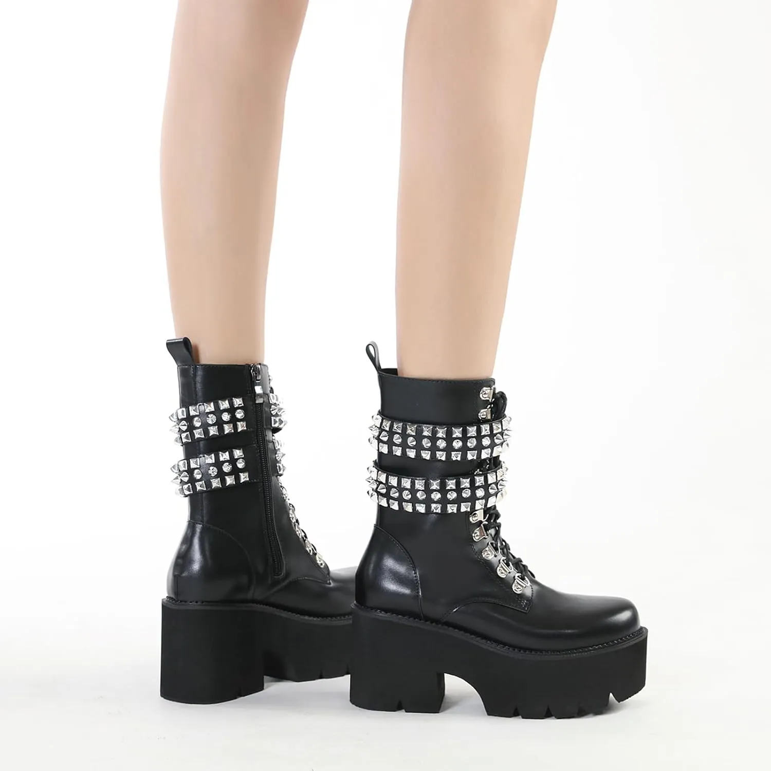 Women's Platform Chunky Heel Goth Ankle Boots Fashion Studded Comfort Round Toe Lace Up & Zipper Motorcycle Boots Punk Y2k Black Mid-Calf Boots
