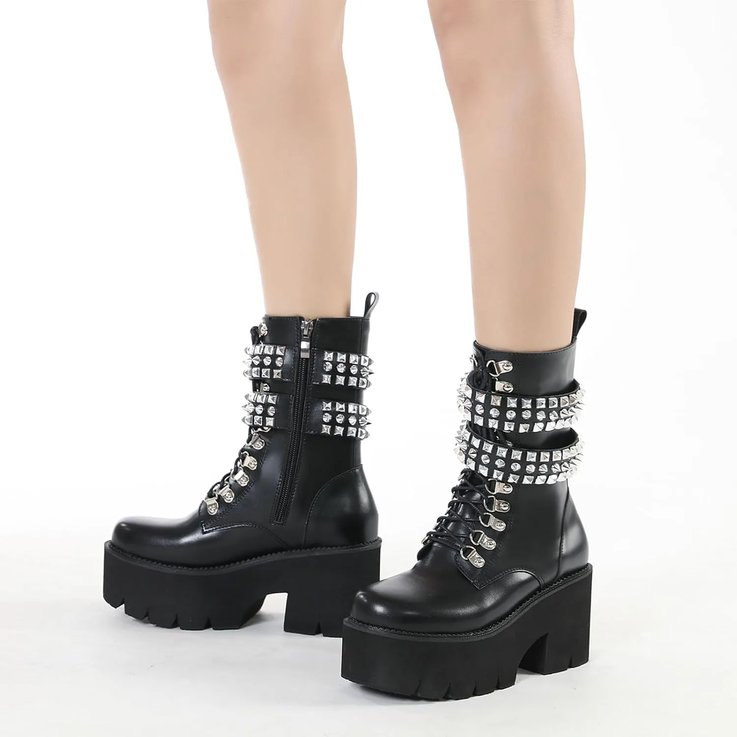 Women's Platform Chunky Heel Goth Ankle Boots Fashion Studded Comfort Round Toe Lace Up & Zipper Motorcycle Boots Punk Y2k Black Mid-Calf Boots