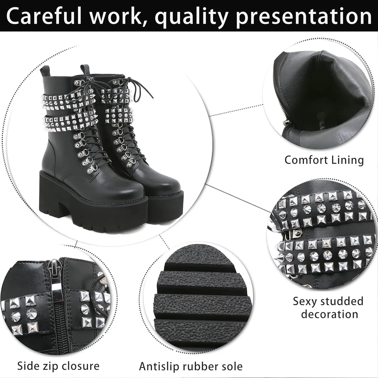 Women's Platform Chunky Heel Goth Ankle Boots Fashion Studded Comfort Round Toe Lace Up & Zipper Motorcycle Boots Punk Y2k Black Mid-Calf Boots