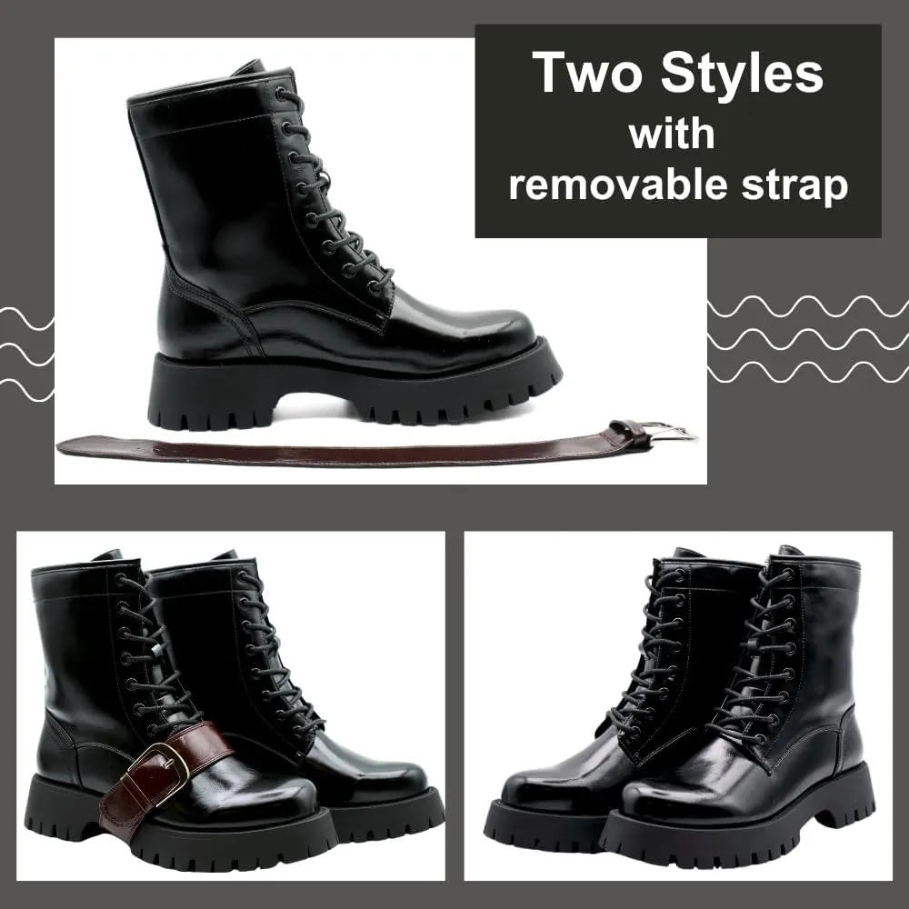 Women's Platform Combat Boots with Buckle, Lace-Up Mid-Calf Boots with Low Chunky Heel Lug Sole, Fashion Riding Boots