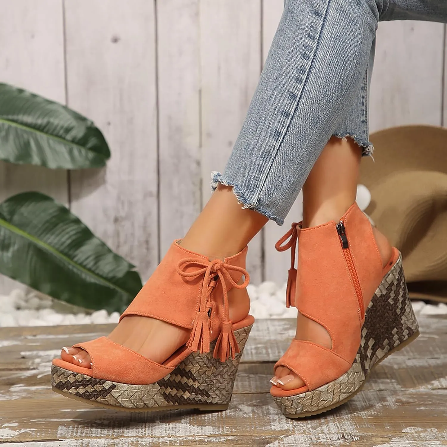 Women's Platform Heeled Wedge, Round Open Toe Zipper Tassel Sandals, Summer Comfortable Casual Walking Shoes