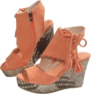 Women's Platform Heeled Wedge, Round Open Toe Zipper Tassel Sandals, Summer Comfortable Casual Walking Shoes