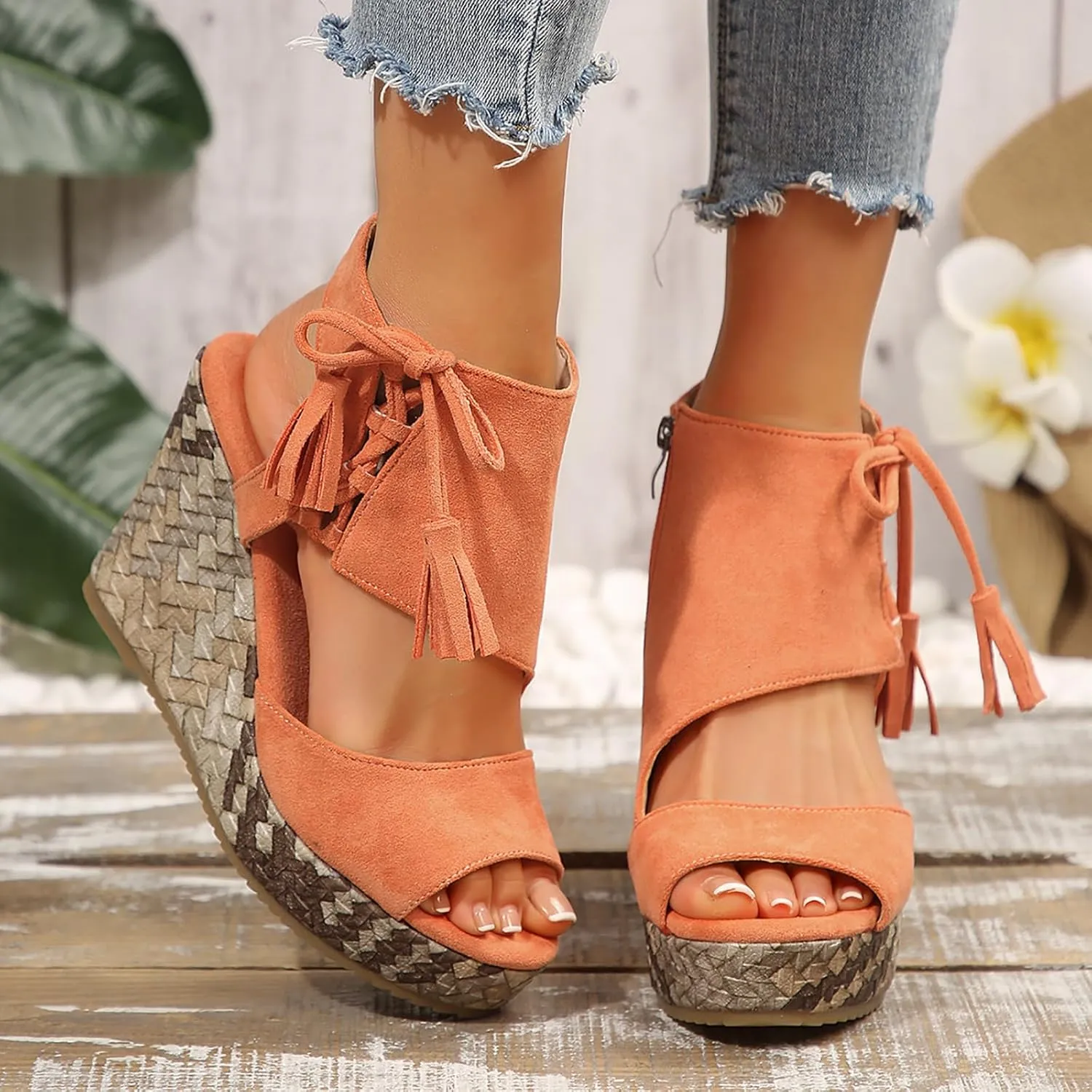 Women's Platform Heeled Wedge, Round Open Toe Zipper Tassel Sandals, Summer Comfortable Casual Walking Shoes