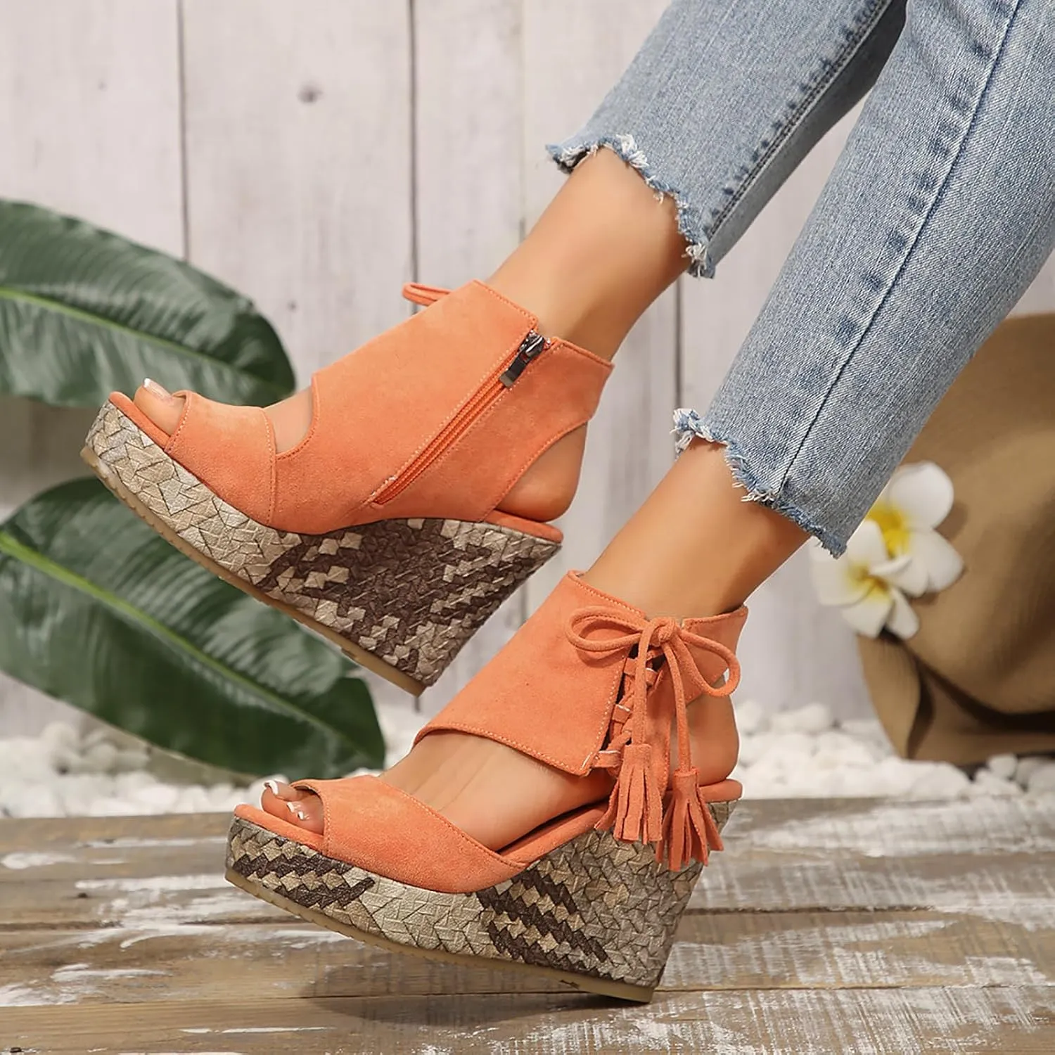 Women's Platform Heeled Wedge, Round Open Toe Zipper Tassel Sandals, Summer Comfortable Casual Walking Shoes