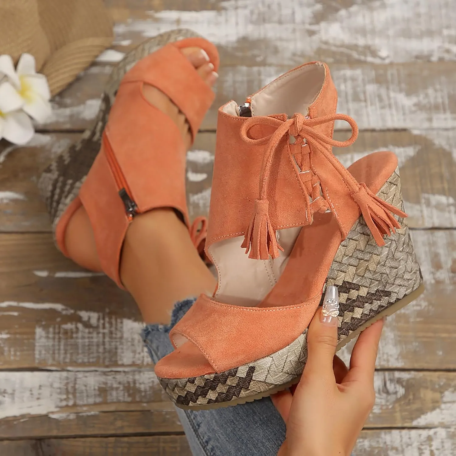 Women's Platform Heeled Wedge, Round Open Toe Zipper Tassel Sandals, Summer Comfortable Casual Walking Shoes