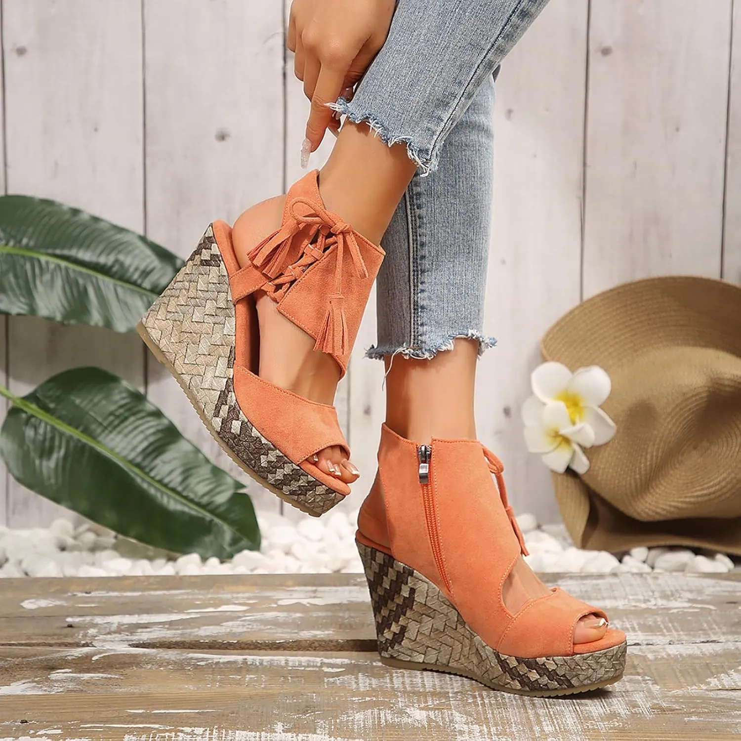 Women's Platform Heeled Wedge, Round Open Toe Zipper Tassel Sandals, Summer Comfortable Casual Walking Shoes