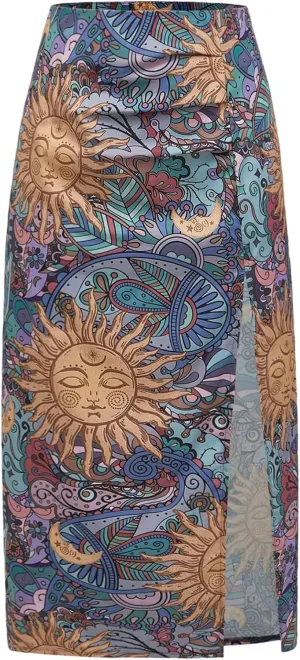 Women's Plus Size Hippie Graphic Skirt Boho Split Thigh Bodycon Midi Skirt Country Festival Outfits
