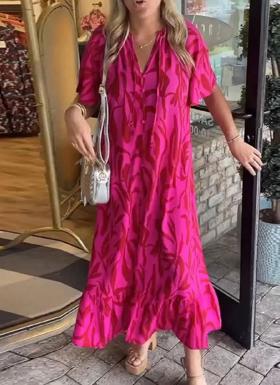 Women's Stylish Dresses V Neck Short Ruffled Sleeves Animal Print Casual Tiered Bohe Beach Vacation Midi Dress