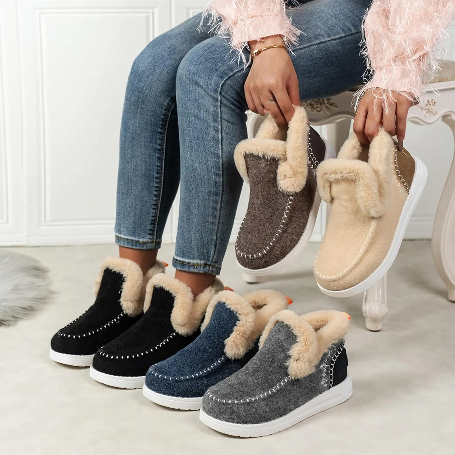 Women's Winter Plush Lined Flat Shoes,Soft Plush Slip-on Sneakers for Cozy Feet,Faux Fur Lining Anti-Slip Ankle Boots