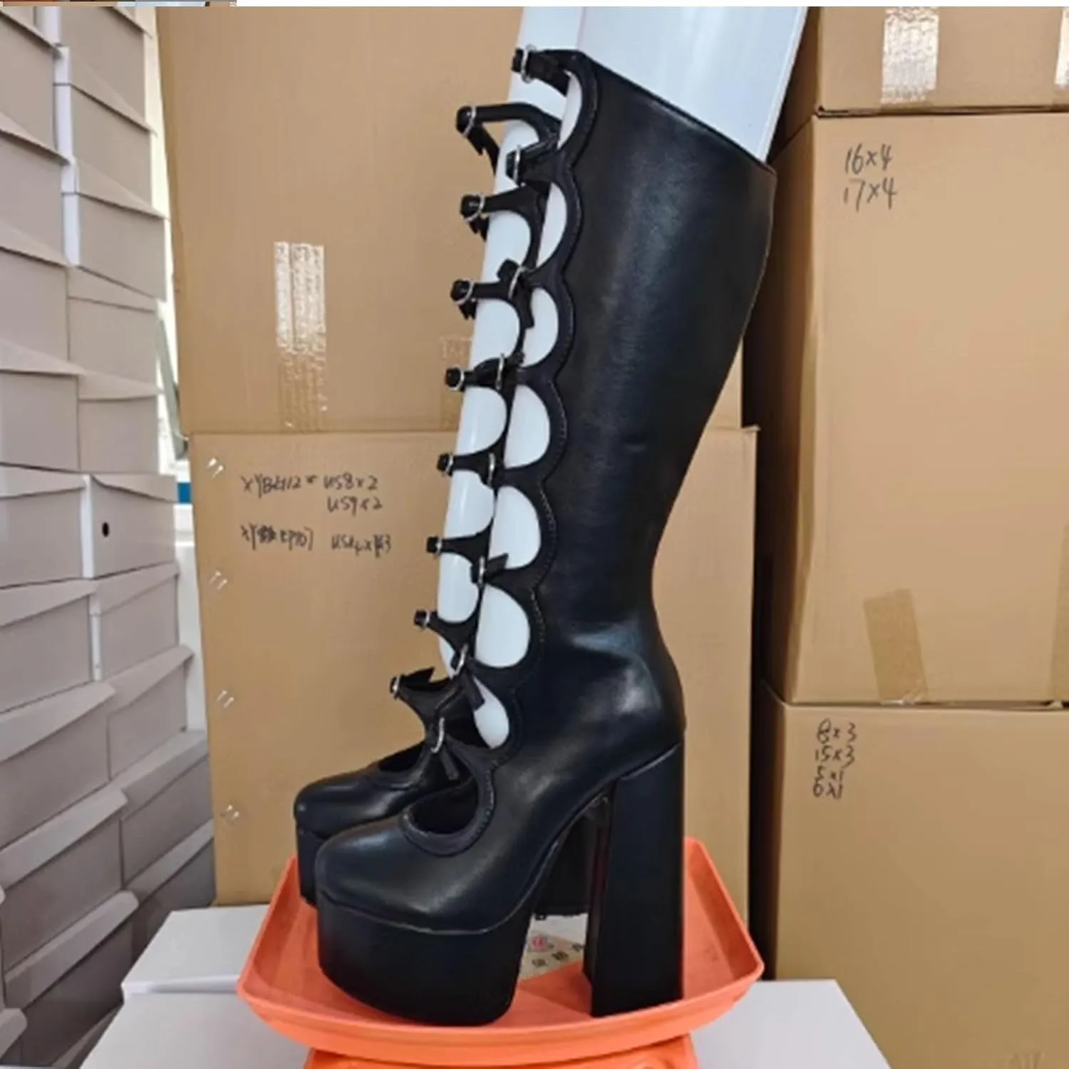 Women's zipper knee-high boots, waterproof platform thick heel high heel round toe straight boots patent leather hollow casual fashion boots