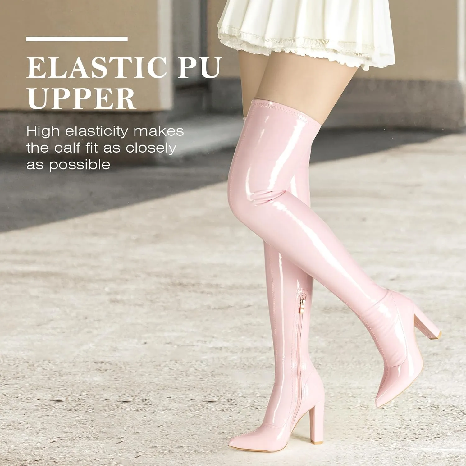 WSKEISP Women's Thigh High Boots Patent Leather PU Heeled Over The Knee High Boots Sexy Pointed Toe Chunky Heel GOGO Boots