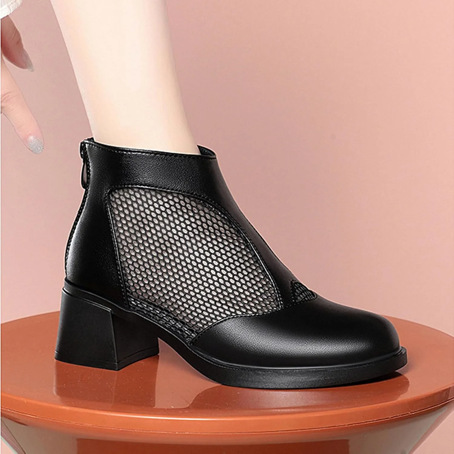 XENTORD Women's Genuine Leather Chunky Heel Fish Mouth Ankle Boots High Heel Cut-Out Mesh High Top Sandals with Back Zipper Round Closed Toe Breathable Comfortable Summer Footwear