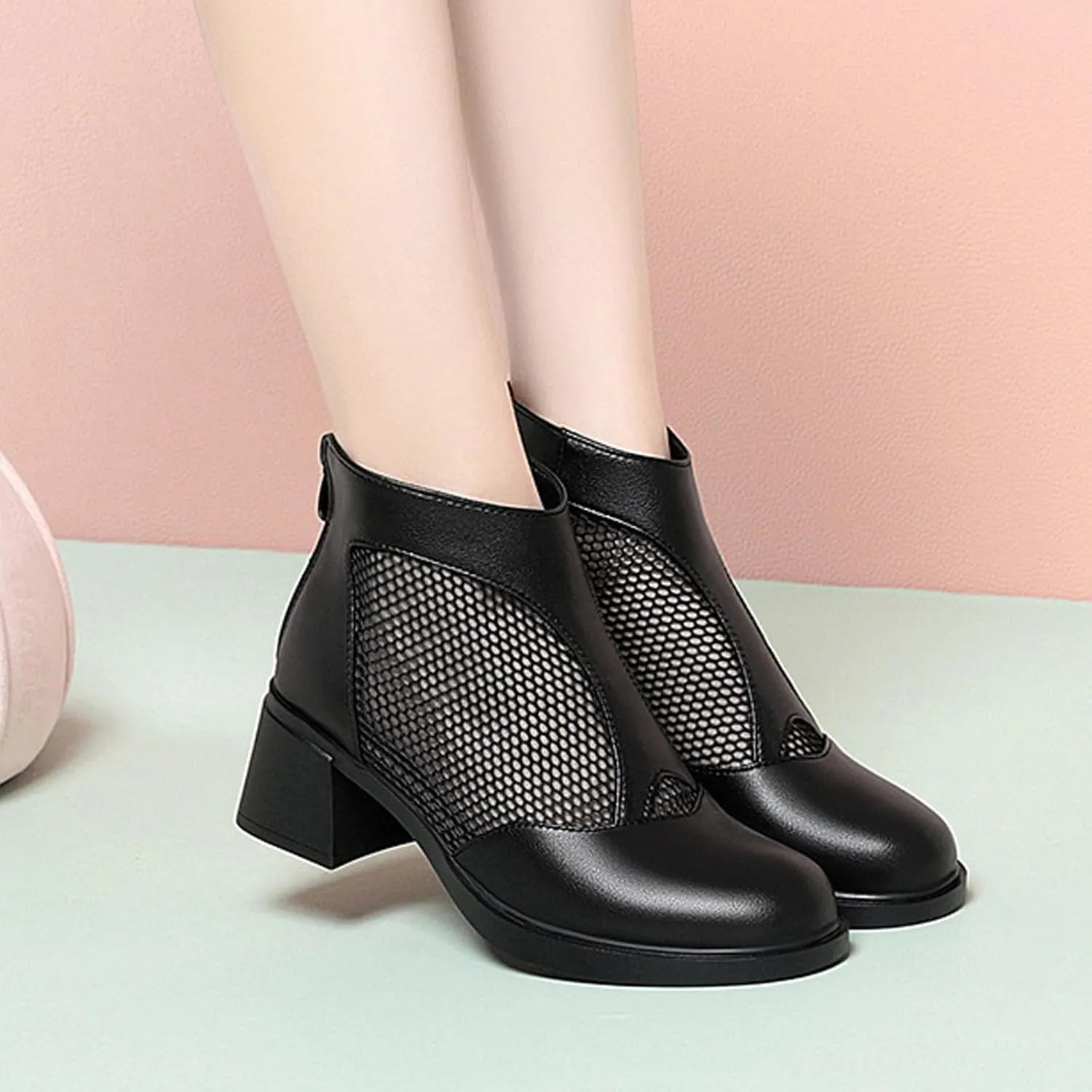 XENTORD Women's Genuine Leather Chunky Heel Fish Mouth Ankle Boots High Heel Cut-Out Mesh High Top Sandals with Back Zipper Round Closed Toe Breathable Comfortable Summer Footwear