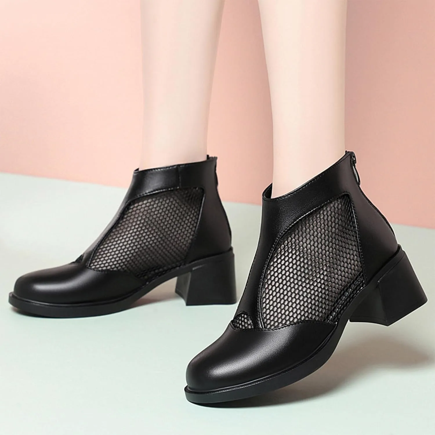 XENTORD Women's Genuine Leather Chunky Heel Fish Mouth Ankle Boots High Heel Cut-Out Mesh High Top Sandals with Back Zipper Round Closed Toe Breathable Comfortable Summer Footwear