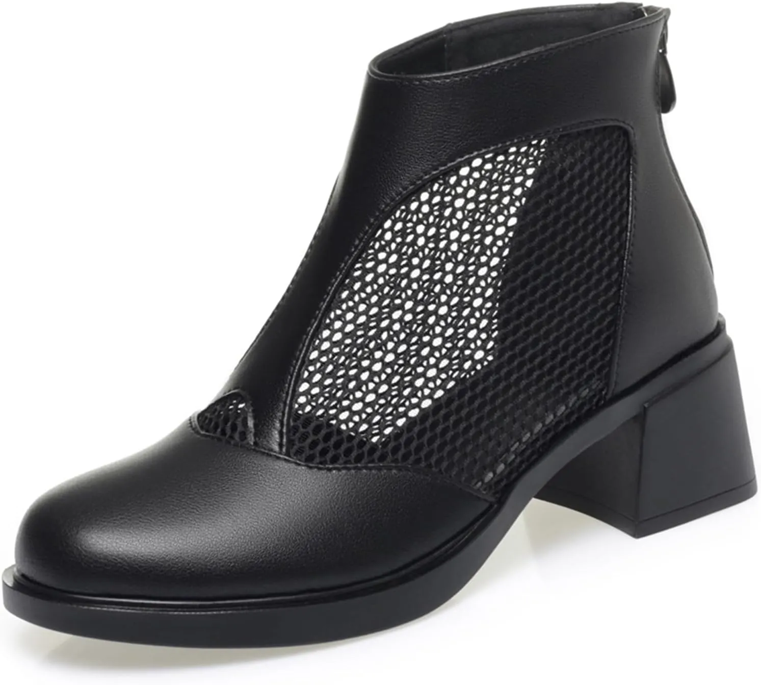 XENTORD Women's Genuine Leather Chunky Heel Fish Mouth Ankle Boots High Heel Cut-Out Mesh High Top Sandals with Back Zipper Round Closed Toe Breathable Comfortable Summer Footwear