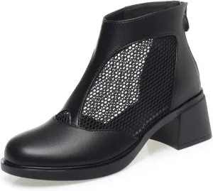 XENTORD Women's Genuine Leather Chunky Heel Fish Mouth Ankle Boots High Heel Cut-Out Mesh High Top Sandals with Back Zipper Round Closed Toe Breathable Comfortable Summer Footwear