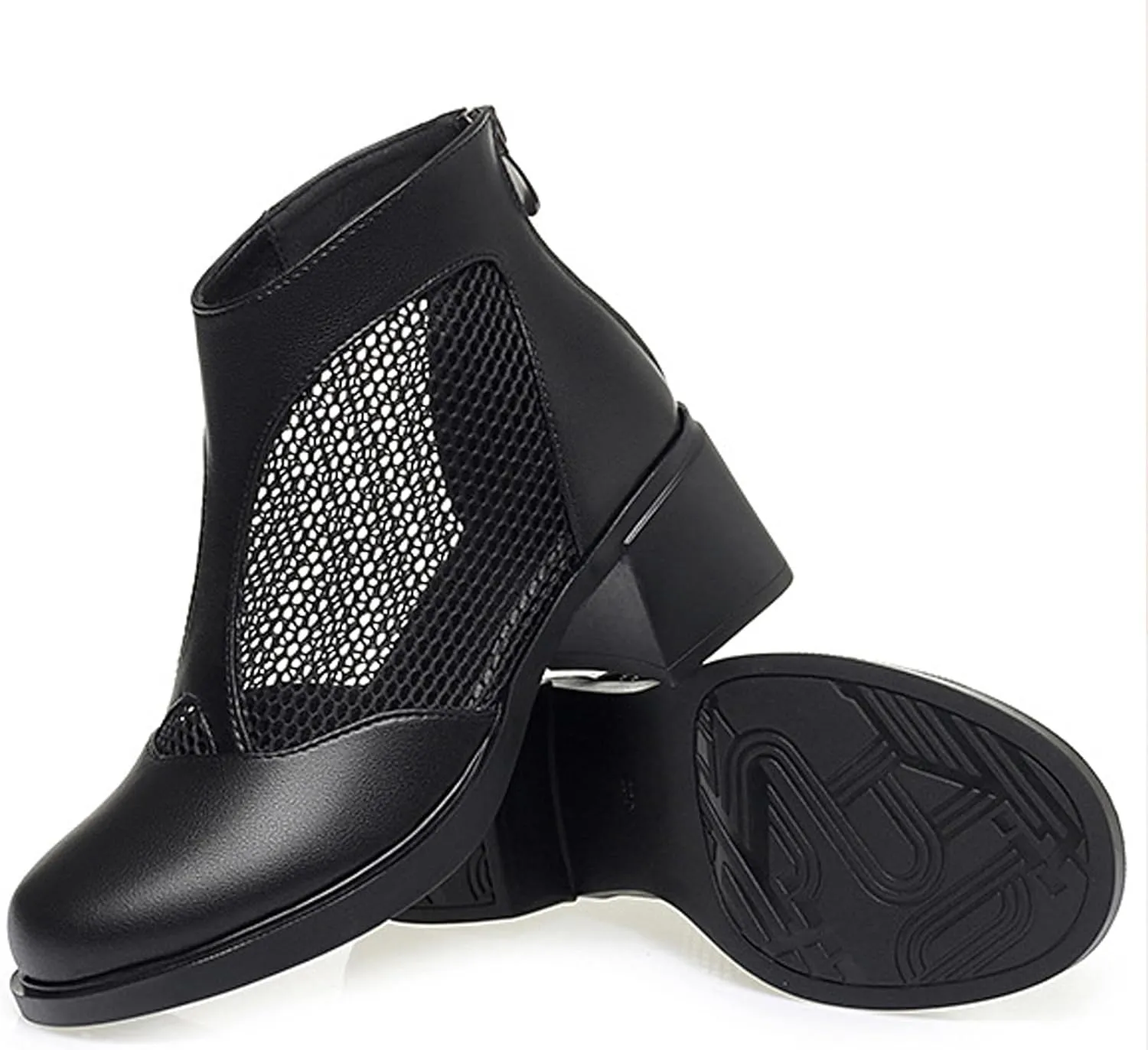 XENTORD Women's Genuine Leather Chunky Heel Fish Mouth Ankle Boots High Heel Cut-Out Mesh High Top Sandals with Back Zipper Round Closed Toe Breathable Comfortable Summer Footwear