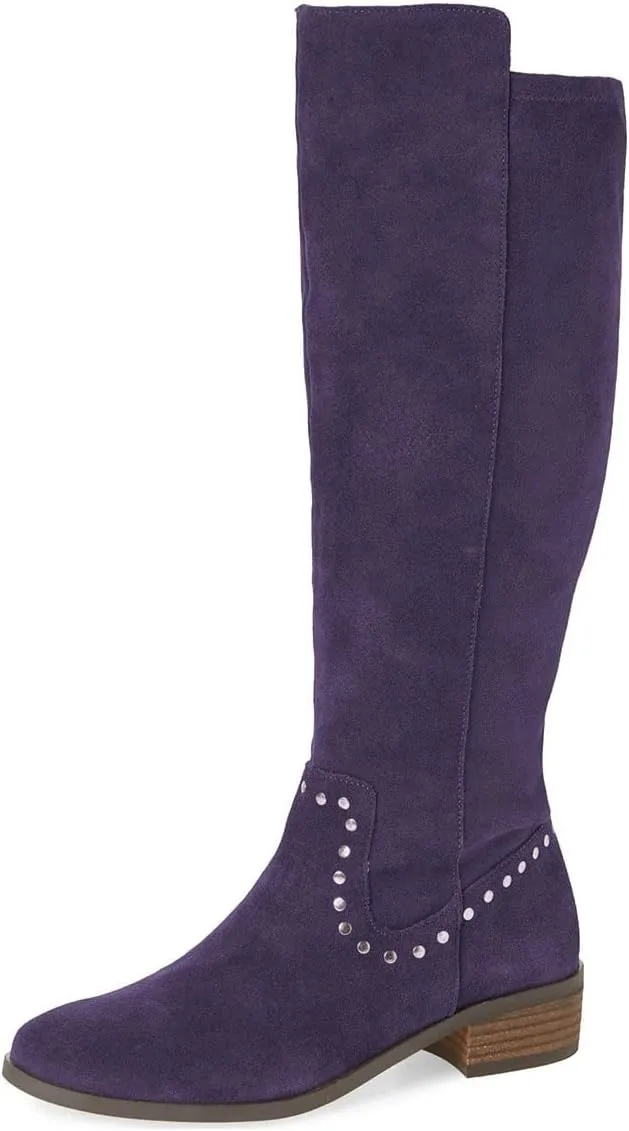 XYD Knee High Boots Rivets Studded Mid Chunky Block Heels Side Zip Round Toe Comfy Warm Trendy Shoes for Women