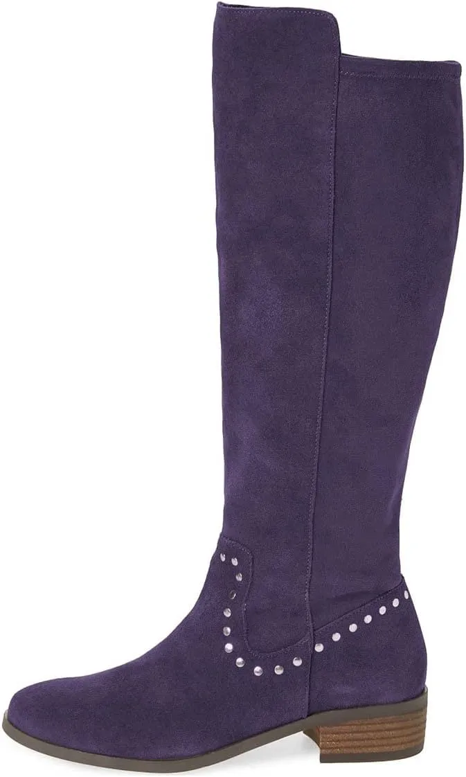 XYD Knee High Boots Rivets Studded Mid Chunky Block Heels Side Zip Round Toe Comfy Warm Trendy Shoes for Women