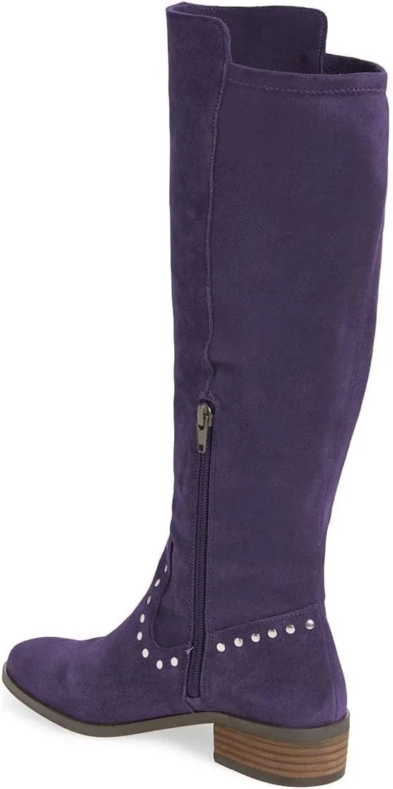 XYD Knee High Boots Rivets Studded Mid Chunky Block Heels Side Zip Round Toe Comfy Warm Trendy Shoes for Women