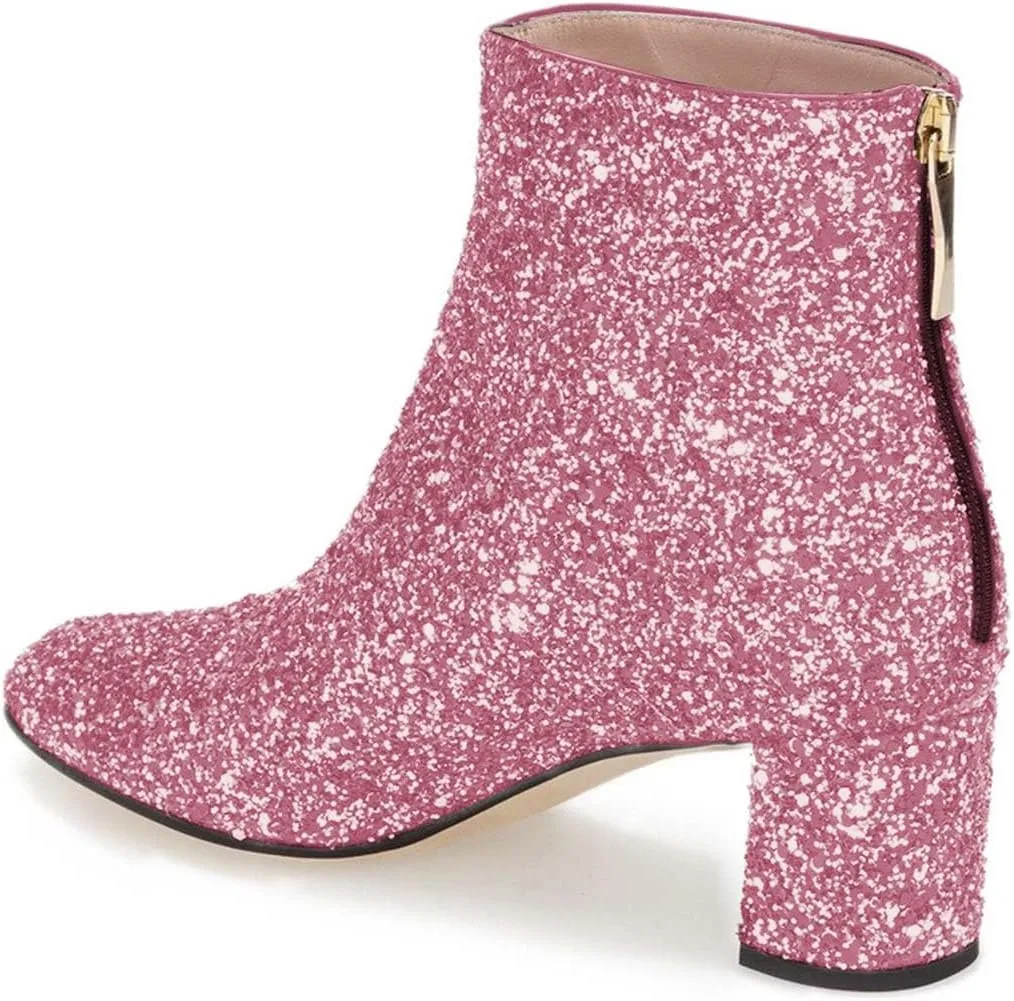 XYD Women Glitter Low Block Heel Ankle Boots Round Toe Festival Party Booties Shoes with Zip
