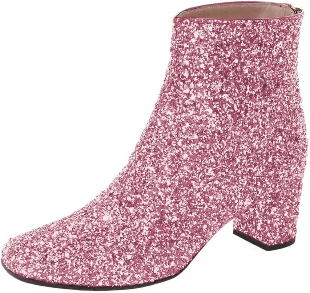 XYD Women Glitter Low Block Heel Ankle Boots Round Toe Festival Party Booties Shoes with Zip