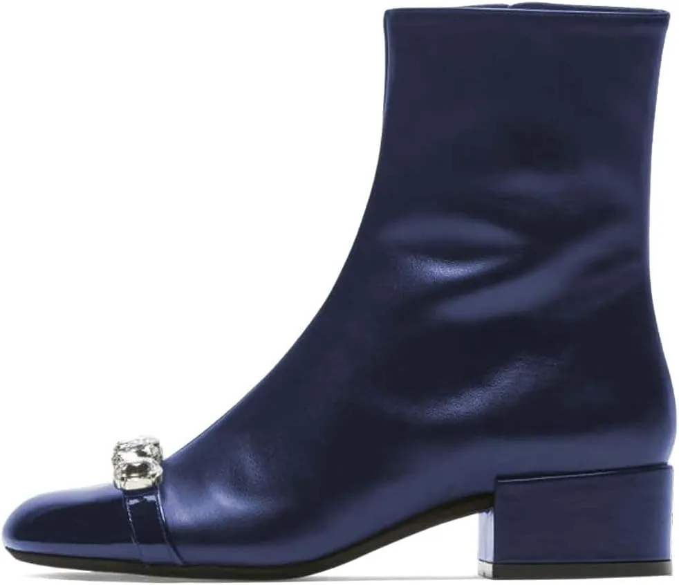 XYD Women Round Cap Toe Ankle Boots with Diamond Crystals Chunky Low Heels Side Zip Booties Party Casual Shoes
