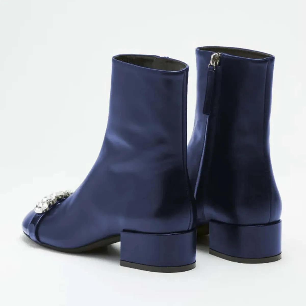 XYD Women Round Cap Toe Ankle Boots with Diamond Crystals Chunky Low Heels Side Zip Booties Party Casual Shoes